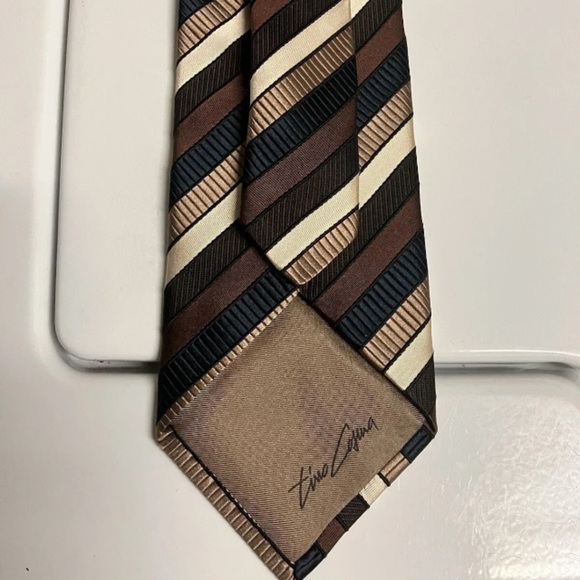 TINO Cosma Mens Silk Tie Made in Italy Stripes Brown Black Tan - Picture 4 of 5